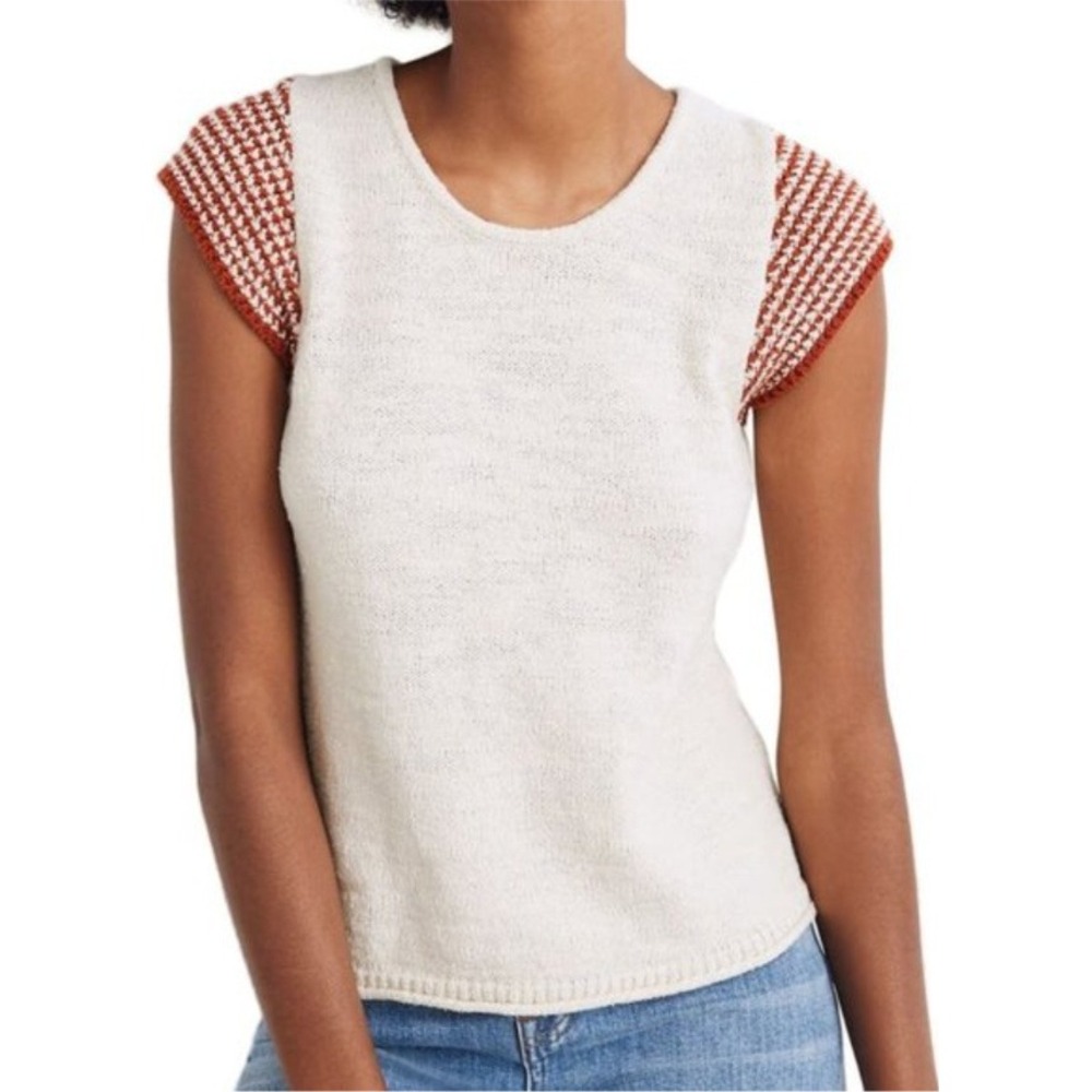 Madewell Womens XS Cream Rust Houndstooth Cap Sleeve Sweater Tee Cotton‎ Blend